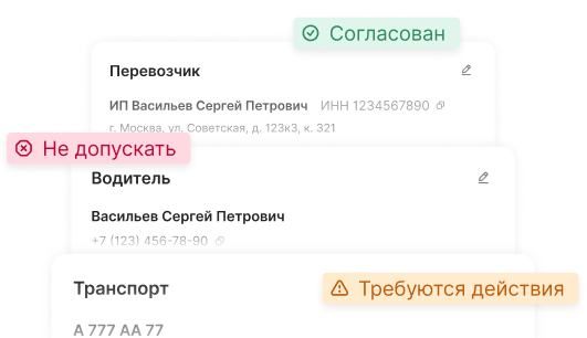 Карточки проверки перевозчика, водителя и транспорта